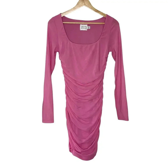 Hello Molly Fresh Vibes Ruched Long Sleeve Bodycon Mini Dress Pastel Pink Size 8 - Picture 3 of 8